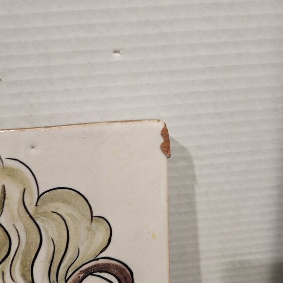 Vintage Kitchen Clay Tile Hand Painted with Steaming Cooking Pot Grazed 8.25" - Picture 2 of 6